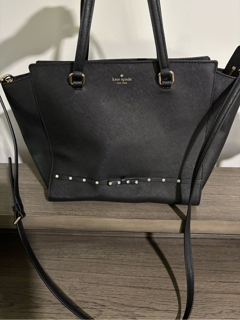 kate spade New York Black Saffiano Leather Tote with Gemstone Stud Accent